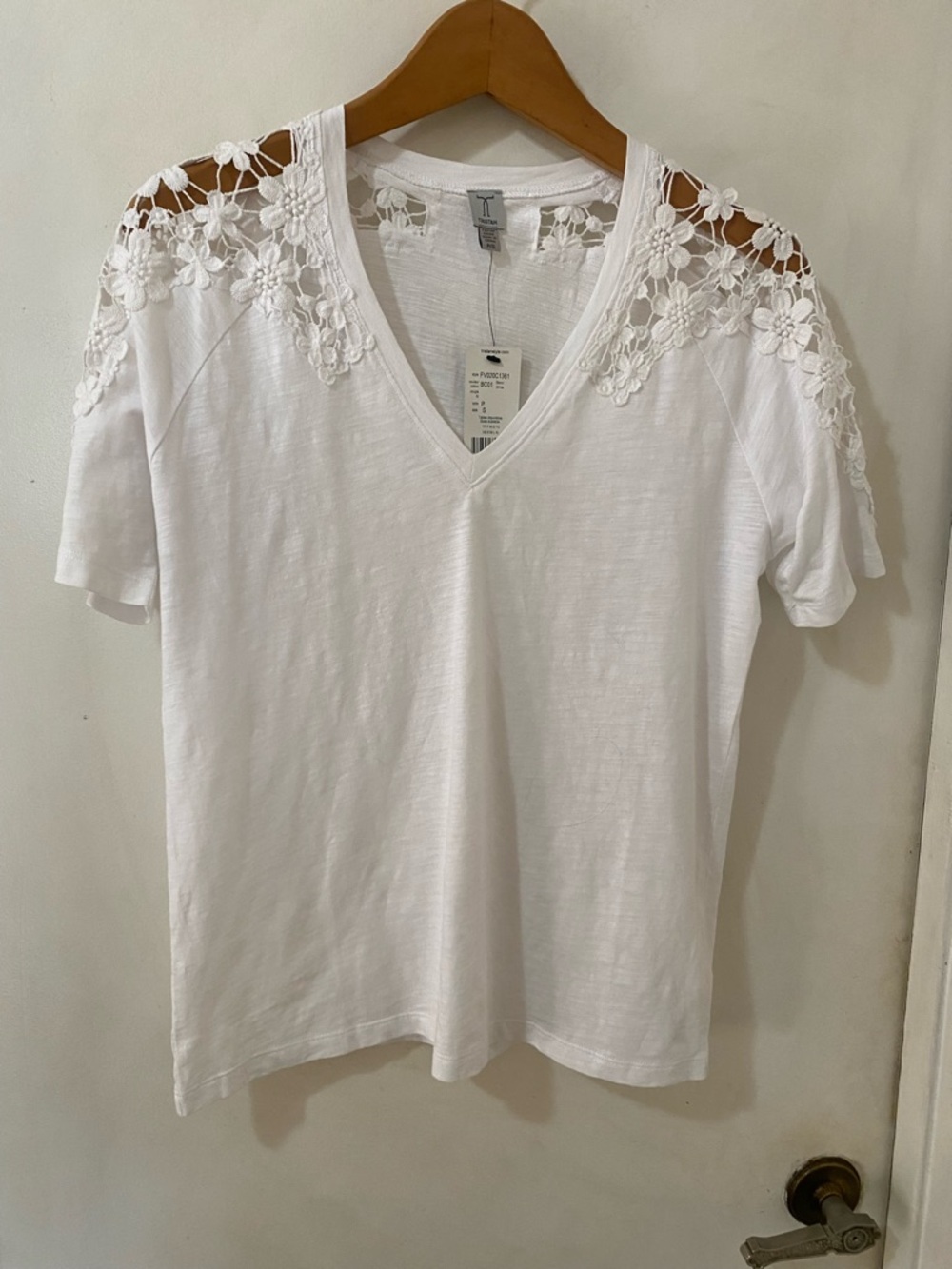Tristan White V-Neck Tee with Floral Lace Shoulders Lightweight White Classic